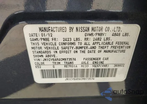 2012 Infiniti G37X z USA, uszkodzony, nr VIN JN1CV6AR4CM973574